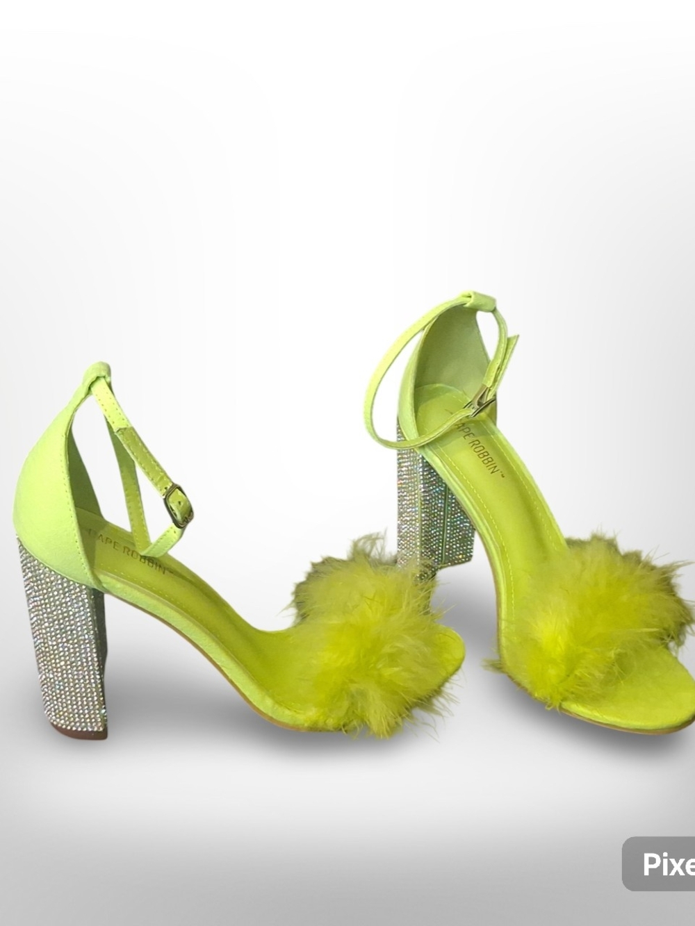Cape Robbin Neon Lime Feather Block Heels with Rhinestone Heel